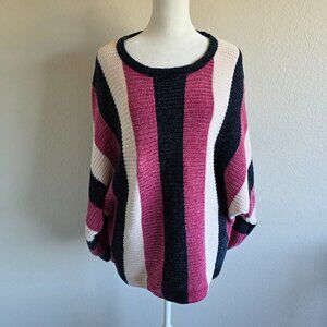 NEW Solitaire Chenille Sweater Dolman Sleeve Stripe Black Ivory Pink Soft Size L